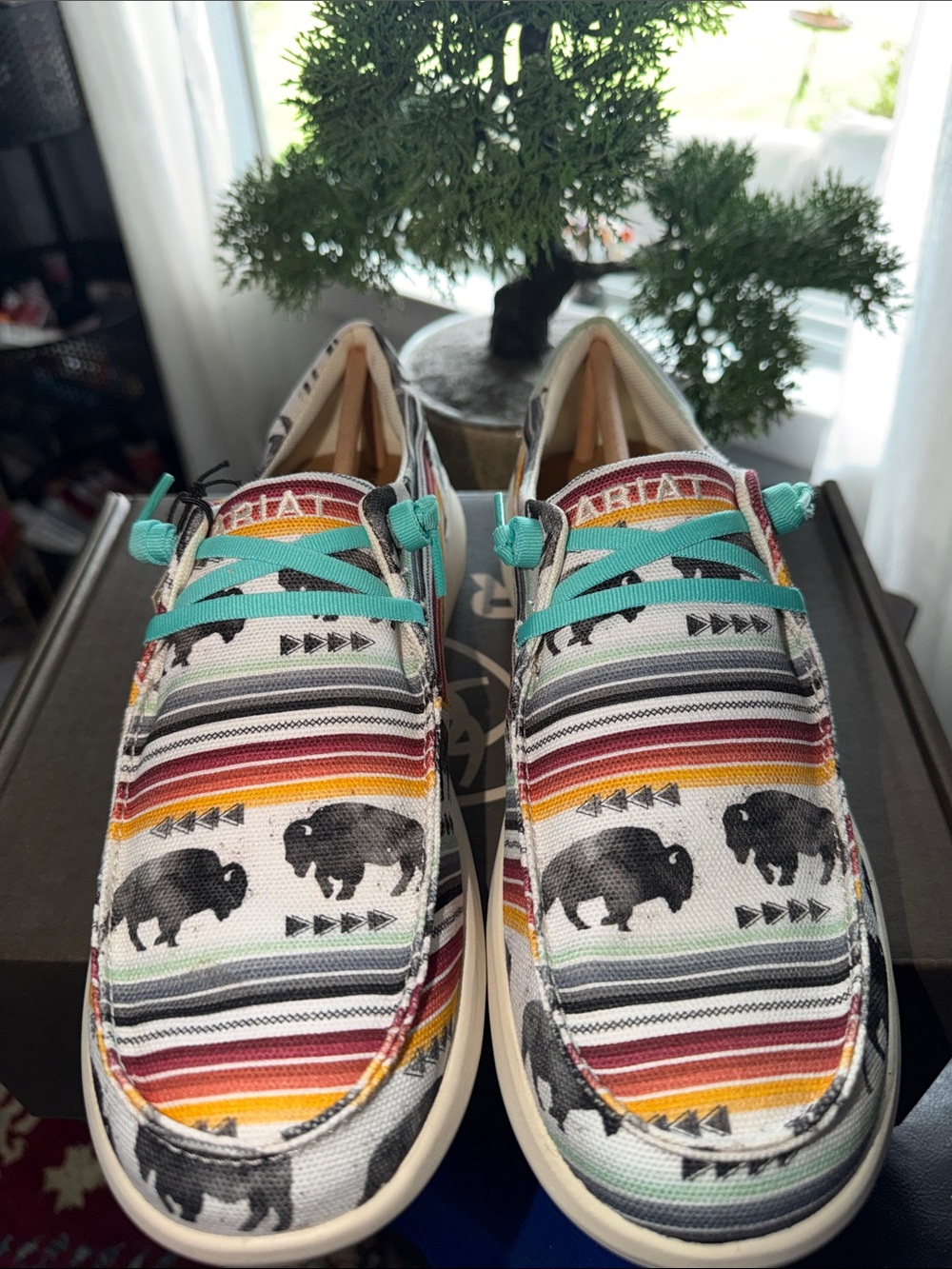 Women’s Slip-On Canvas Shoes with Buffalo Print - Turquoise Laces